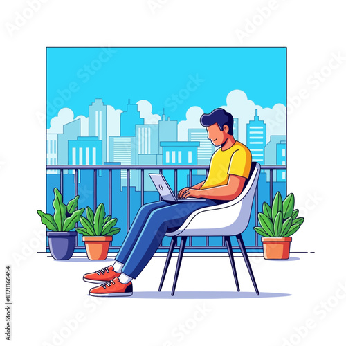 A young man works remotely on his laptop while comfortably seated in a modern chair on a sunny balcony overlooking a vibrant cityscape, presented in a clean 2D flat vector illustration.