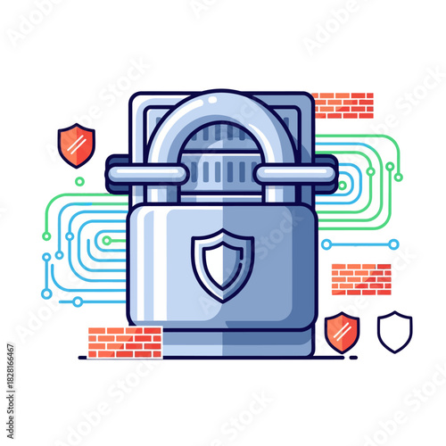 A large metallic padlock securely locks a shielded server rack, illustrated in a flat 2D vector style, symbolizing robust cyber security and reliable data protection against threats.