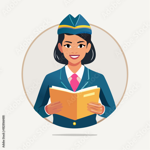 Dedicated flight attendant reading a book in her uniform, a professional air hostess learning in a circular frame, isolated white background.
