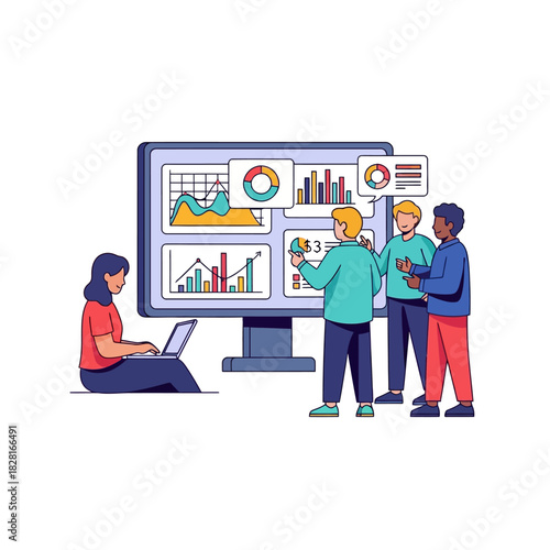 A diverse professional team is engaged in virtual remote collaboration, reviewing business data and graphs projected on a large screen in a vibrant 2D flat vector illustration style.