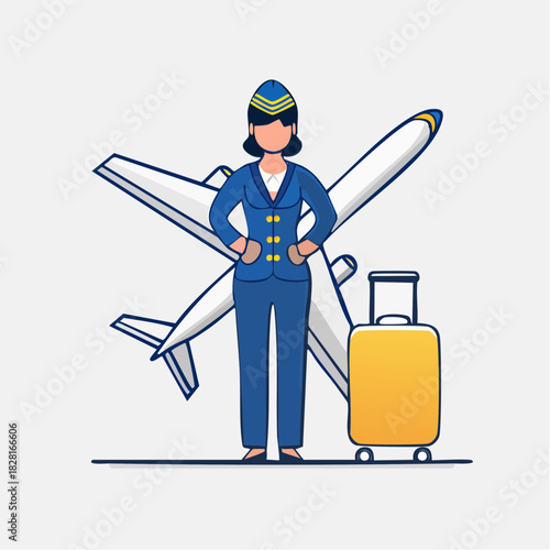 Professional female flight attendant standing with luggage and an airplane in the background, ready for departure, in bright studio.