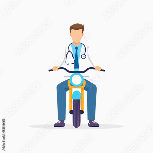 Happy Nurse Driving Yellow Scooter Under Blue Sky with Clouds on Isolated White Background