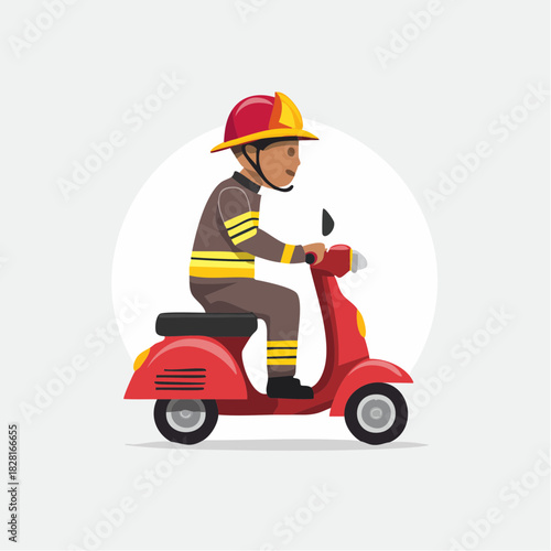 Brave male firefighter in uniform and helmet riding a red motorcycle, ready for emergency response, isolated white background.