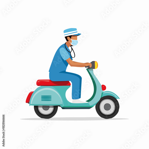 Happy Nurse Driving Yellow Scooter Under Blue Sky with Clouds on Isolated White Background