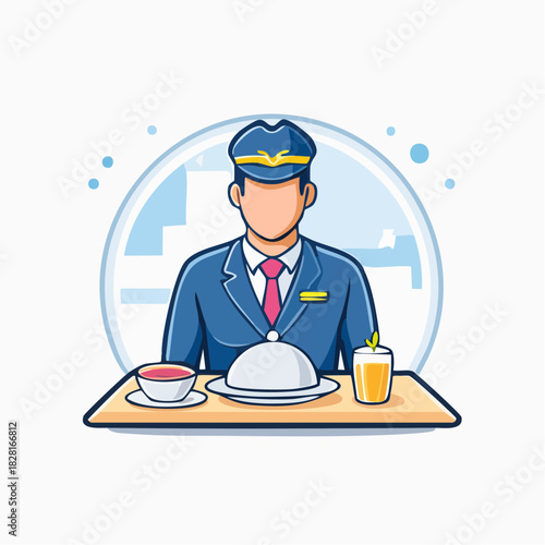 Attentive Bellhop or Hotel Staff Serving Covered Dish and Drinks, Bright Studio Background