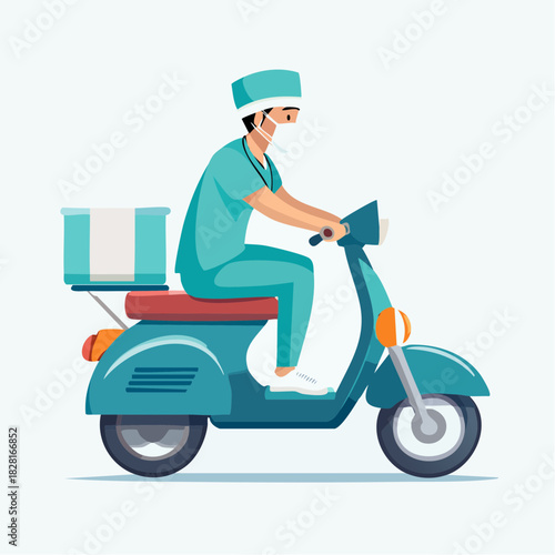 Medical Courier Riding Scooter Delivering Packages, Bright Studio Background