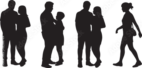 Several silhouettes show an adult couple embracing, a dad hugging a child, and a woman walking