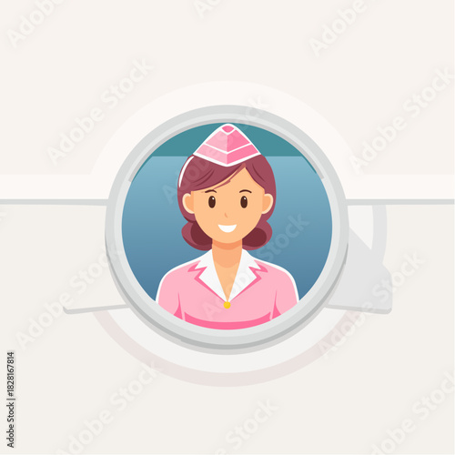 Cartoon illustration of a smiling female flight attendant in uniform, framed in a circular window.