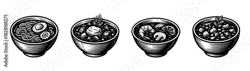 Asian noodle bowls vintage engraving icons set, ramen soup food
