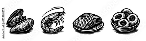 Seafood vintage engraving icons set, mussel shrimp fish squid rings