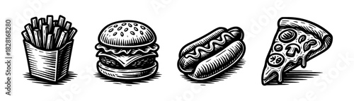 Fast food vintage engraving icons set, fries burger hot dog pizza