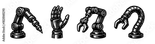 Robotic arms vintage engraving icons set, industrial robot manipulators