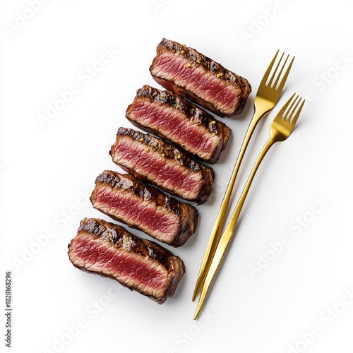 Rare Beef Steak Slices with Golden Forks, Gourmet , Food photography