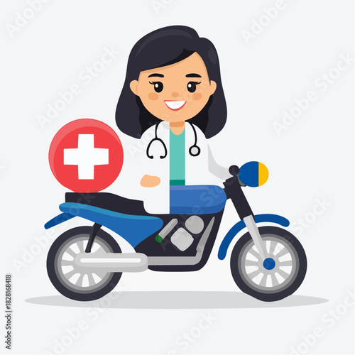 Dedicated female doctor wearing a lab coat and stethoscope, riding a blue motorcycle with a medical cross symbol, on an isolated white background.