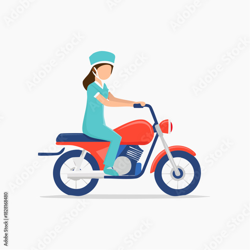 Dedicated female nurse wearing scrubs, riding a red motorcycle on an isolated white background.