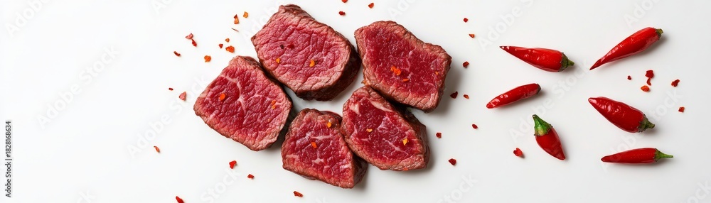 Obraz premium Raw Beef Cubes and Chili Peppers on White, Cooking , Food photography