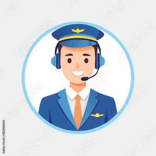 Happy male pilot wearing uniform and headset, smiling confidently on an isolated white background.