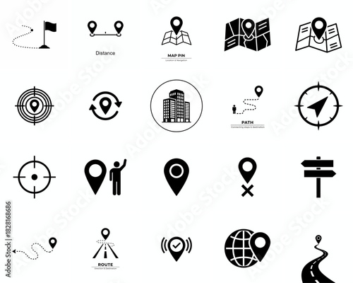 Location icon set. Containing map, map pin, gps, destination, directions, distance, place, navigation and address icons. Solid icons vector collection.