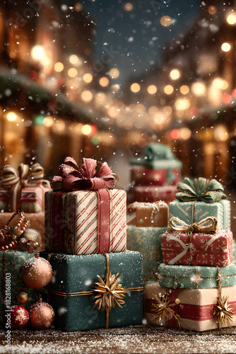 Vertical Christmas background with gifts, snowflakes, and ornaments bordering the top edge.