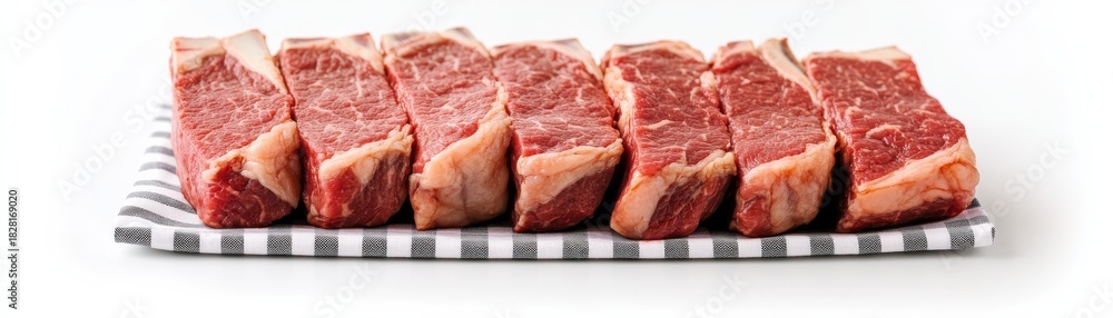 Fototapeta premium Raw Ribeye Steaks on Striped Towel Fresh Cut, Butcher , Beef