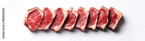 Row of Raw Beef Short Ribs on White, protein ,beef