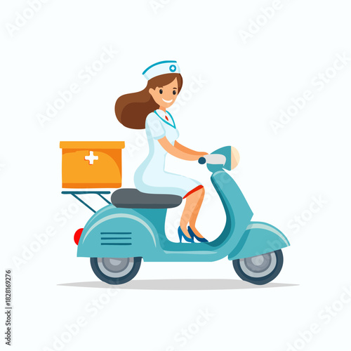 A smiling nurse on a scooter delivers medical supplies.