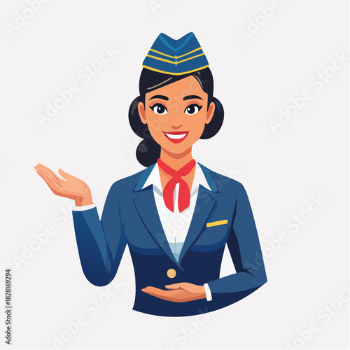 Smiling flight attendant in uniform, presenting with open palms, welcoming passengers.