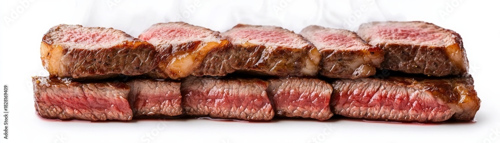 Fototapeta premium Seared Steak Slices Stacked, Medium Rare Beef ,Grilled ,Protein