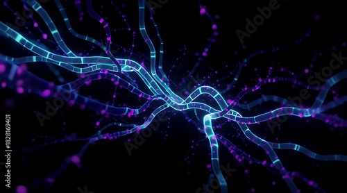 Abstract futuristic glowing blue neon lines and purple particles flowing in dark space resembling neural network or fiber optics data stream