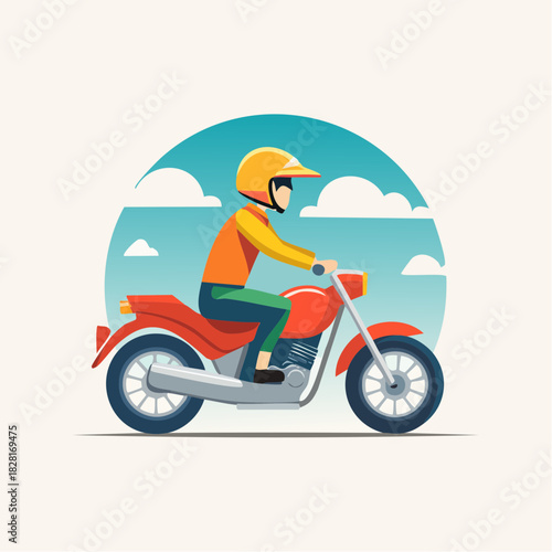 A person wearing a helmet rides a red motorcycle against a blue sky.