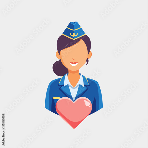 Caring Female Flight Attendant Holding Pink Heart Symbolizing Love and Compassion, Isolated White Background