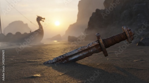 Viking sword on shore with longship at sunrise evoking heritage myth warrior lore symbol of journey battle end on nordic coast in early morning