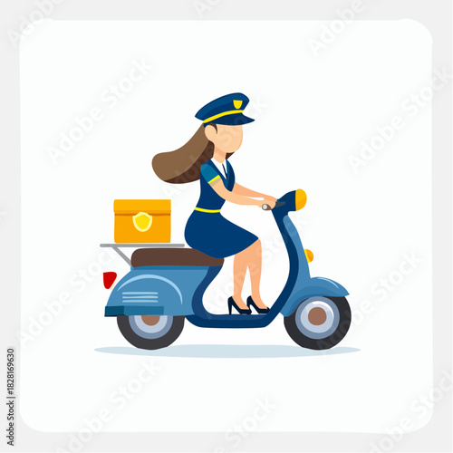 Cartoon woman in uniform riding a blue scooter with a yellow package on the back.