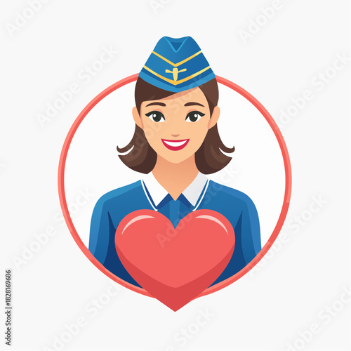 Smiling flight attendant in uniform holding a red heart, framed by a circular border.