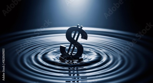 Dollar sign sinking in water with ripples, illustrating currency collapse and economic crisis. Financial downfall concept for market analysis.
