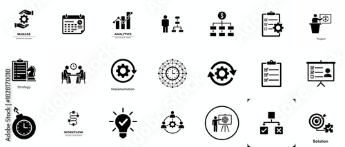 Project management icon collection. Time management and planning concept. Solid icon set.
