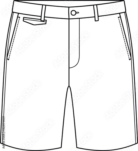 Men's or Women's Tailored Chino Shorts Fashion Flat Vector Technical Sketch Template, Zipper Pockets, Clean Waistband, Front View Apparel CAD.
