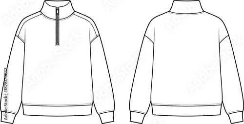 Oversized Quarter Zip Mock Neck Pullover Sweatshirt Fashion Flat Template Vector Illustration Drawing, Technical Sketch, Front and Back View, Unisex Activewear Design.