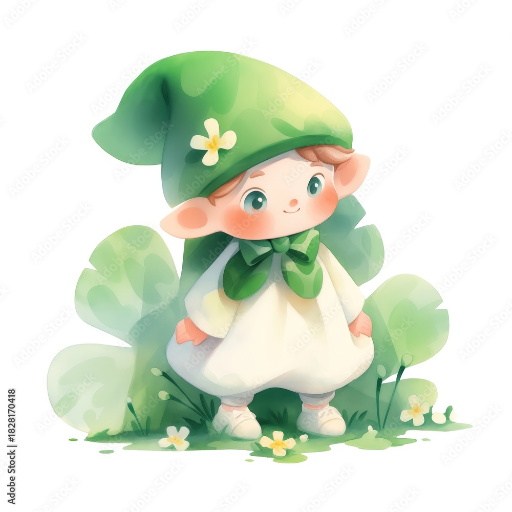 Naklejka premium Cute cartoon dwarf in green hat and white dress. Happy fairy creature illustration for children book or St. Patrick Day.