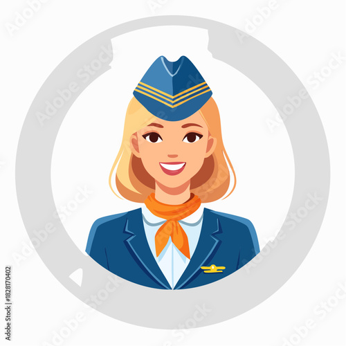 Friendly Caucasian Female Flight Attendant Smiling in Professional Uniform on Isolated White Background