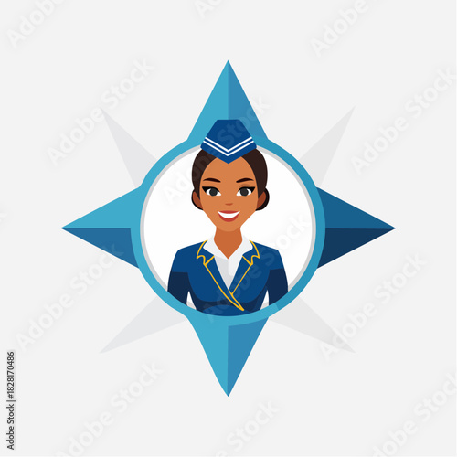 A smiling flight attendant in uniform is framed by a blue compass rose design.