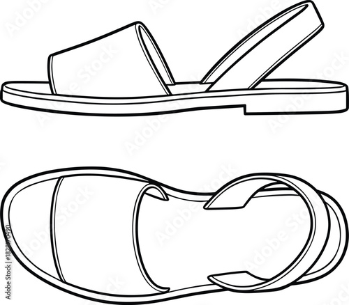 Minimalist classic Spanish Menorcan avarca sandal line art drawing, fashion vector illustration, flat monochrome simple summer footwear, white background, cutout, simple.