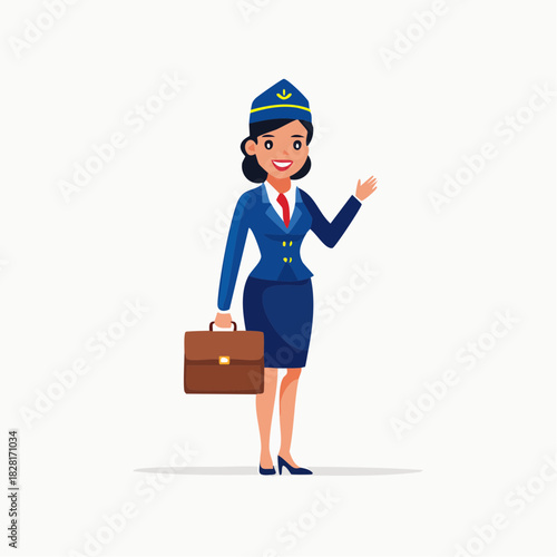 A smiling flight attendant in uniform, holding a briefcase, waving.