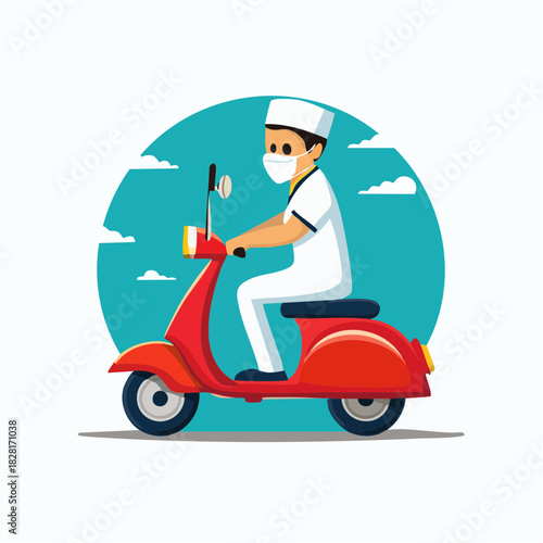 A medical professional wearing a mask rides a red scooter against a blue backdrop.