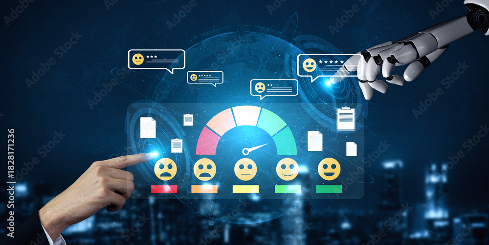 Fototapeta premium Using AI for customer feedback analysis and satisfaction reporting. An AI dashboard for reviewing user comments, ratings, and satisfaction scores. Motif