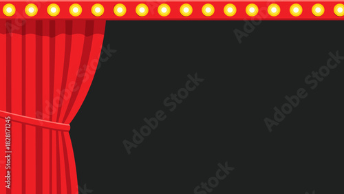 Stage curtain with a line of decorative lights on dark background, vector, copy space