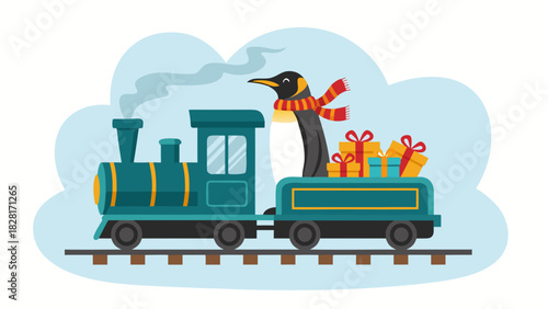 Penguin in train with gifts on colorful background, vector 