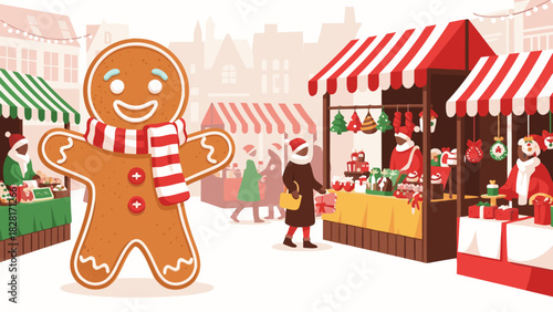 Gingerbread man in market surrounded by festive stalls and shoppers, background, vector  