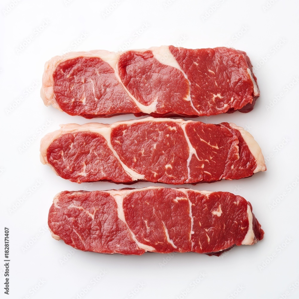 Fototapeta premium Three Raw Sirloin Steaks on White Background, Beef , Meat