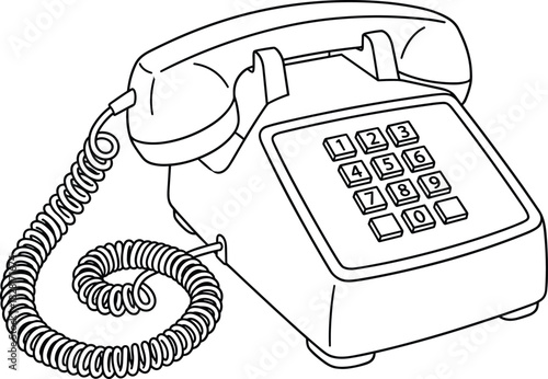 Classic desk push-button telephone, vintage black landline phone with coiled cord, retro communication technology object, nostalgic office equipment, detailed outline illustration.